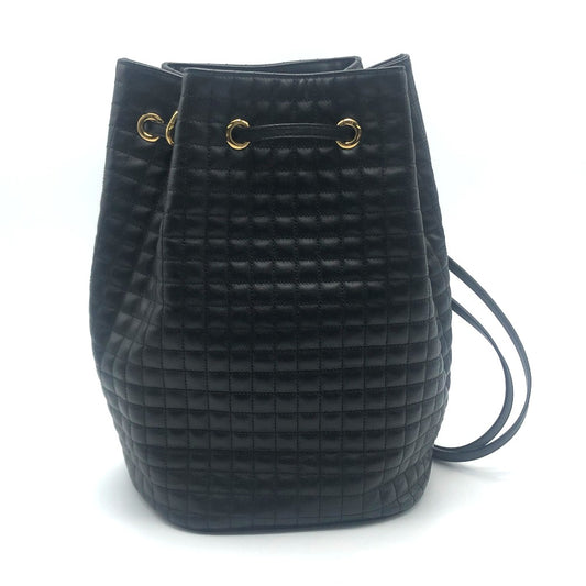 CELINE 188373BFI Small C Charm Drawstring Backpack in Leather, Women's, Black with Gold Hardware