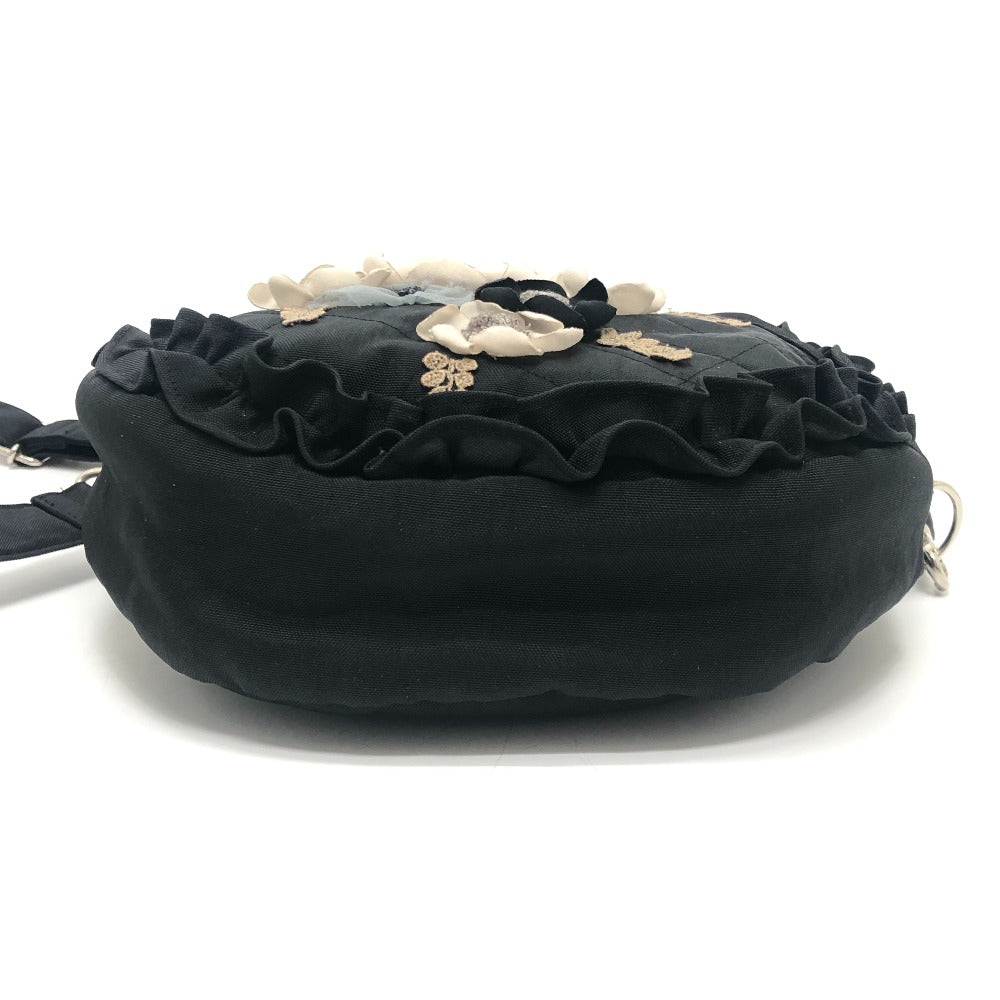 amitie アミティエ 花柄刺繍 フリル カバン ポシェット 丸型 立体装飾 花 ショルダーバッグ ナイロン レディース ブラック