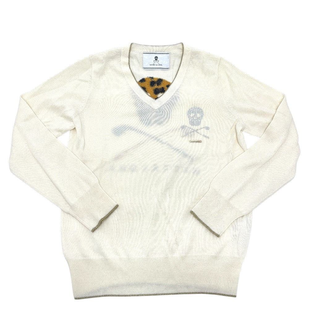 MARK&LONA V-neck skull Apparel, golf wear, knit tops, rhinestones, leopard print. sweater acrylic White Used