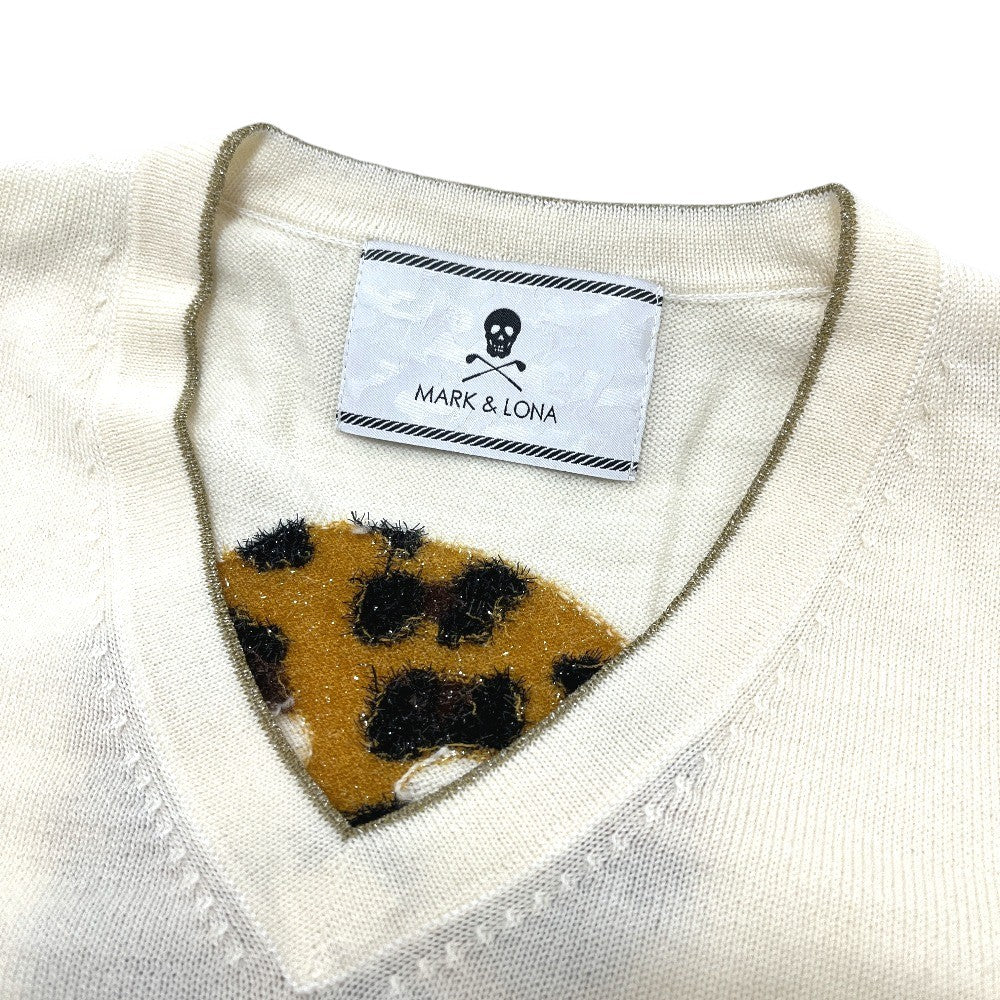 MARK&LONA V-neck skull Apparel, golf wear, knit tops, rhinestones, leopard print. sweater acrylic White Used