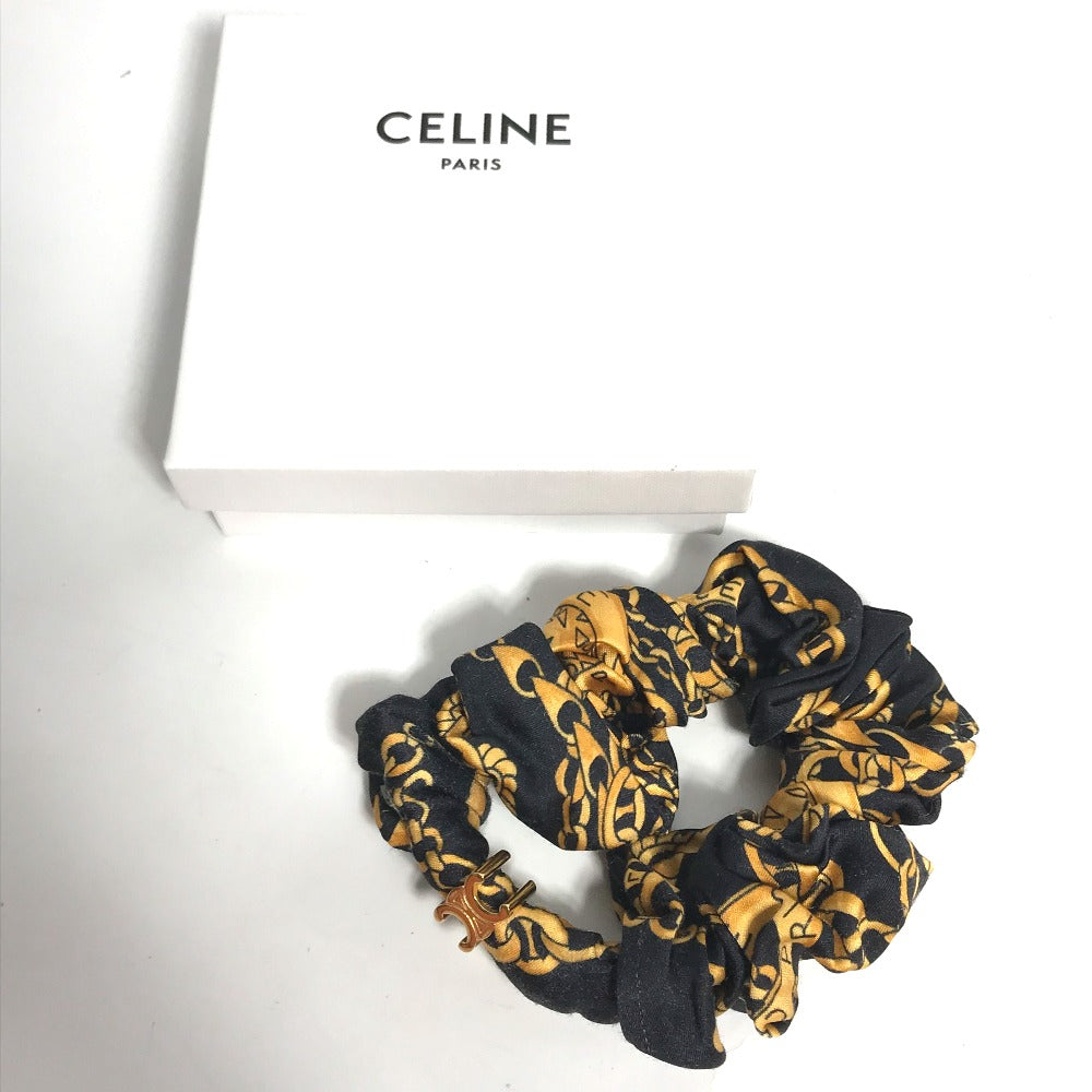 CELINE Triomphe Scrunchie Silk Hair Tie with Chain Pattern, Black, Women's