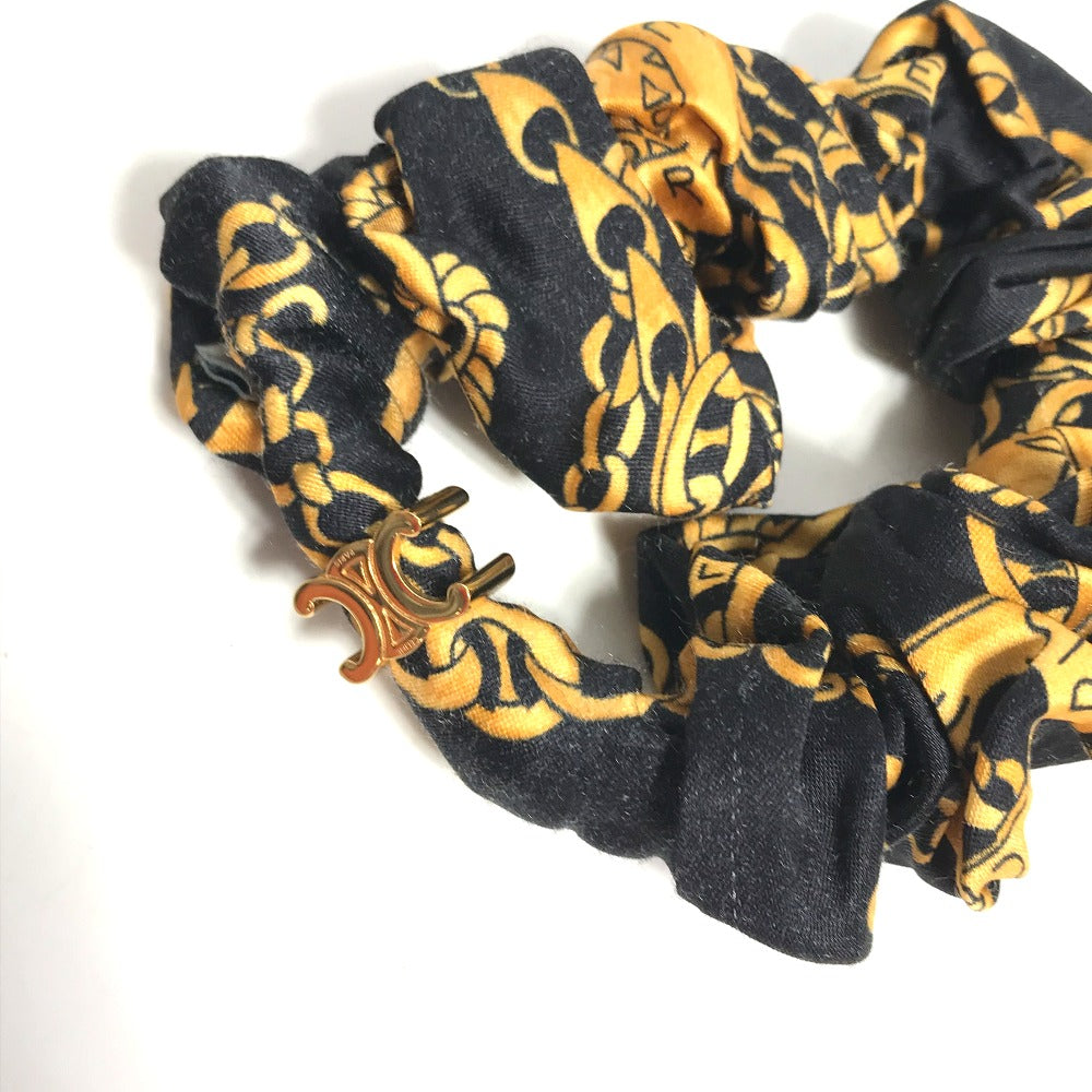 CELINE Triomphe Scrunchie Silk Hair Tie with Chain Pattern, Black, Women's