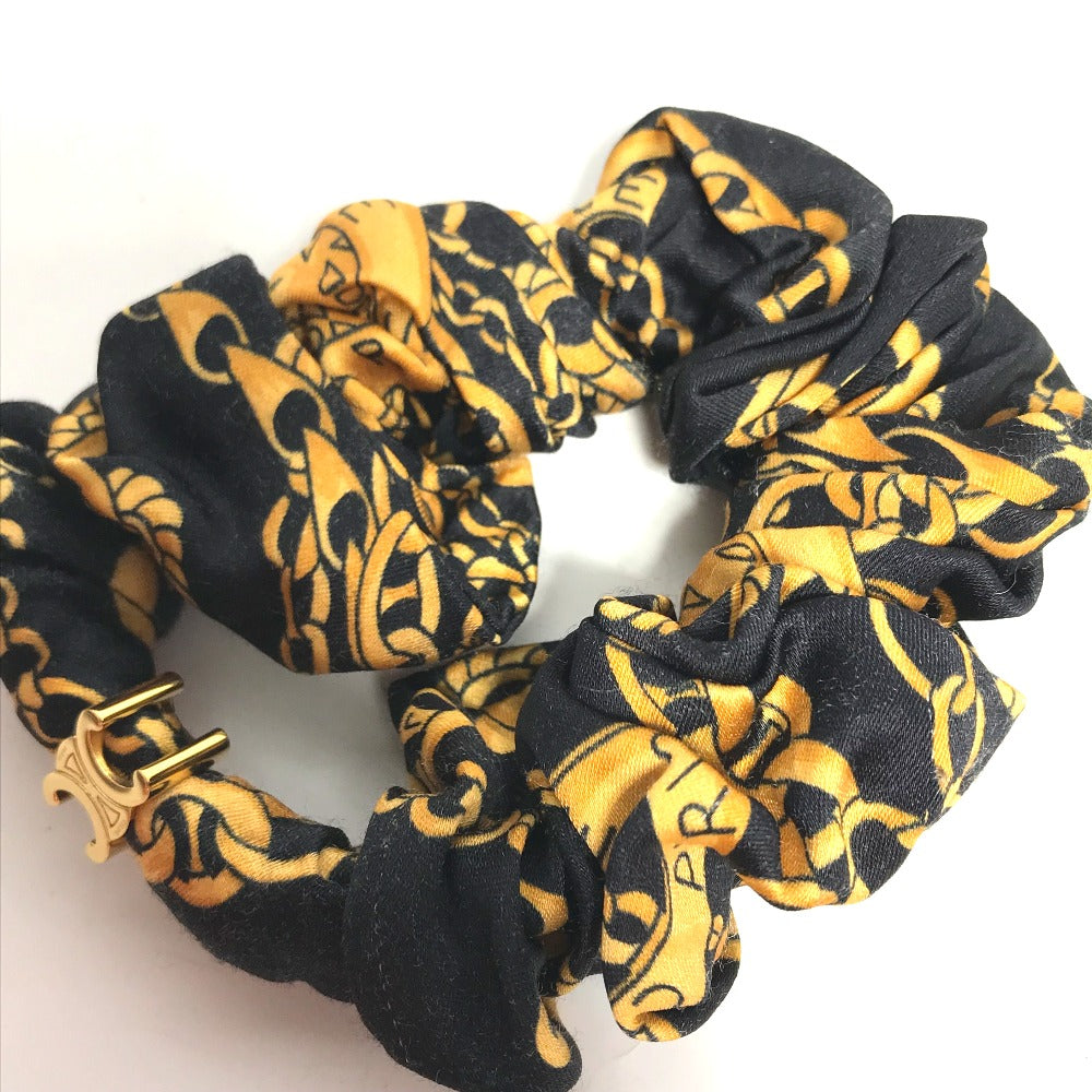 CELINE Triomphe Scrunchie Silk Hair Tie with Chain Pattern, Black, Women's