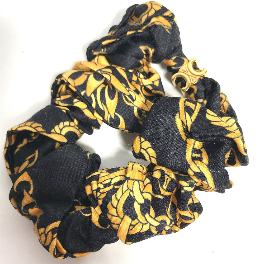 CELINE Triomphe Scrunchie Silk Hair Tie with Chain Pattern, Black, Women's