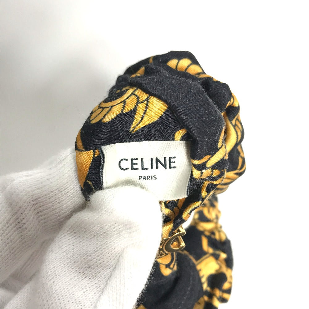 CELINE Triomphe Scrunchie Silk Hair Tie with Chain Pattern, Black, Women's