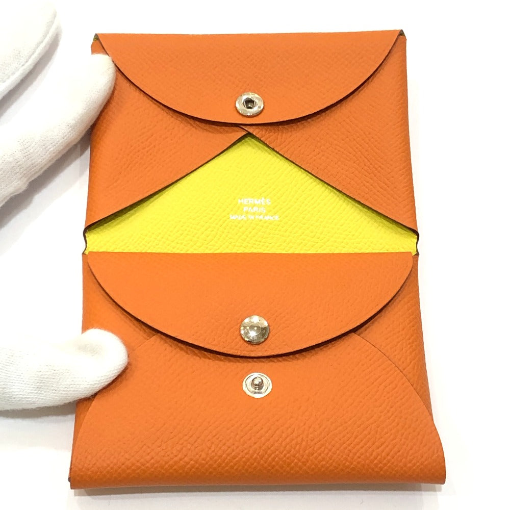 HERMES Calvi Duo Card Holder Coin Purse Wallet Two-fold Wallet Epsom Women's Orange x Lime Orange