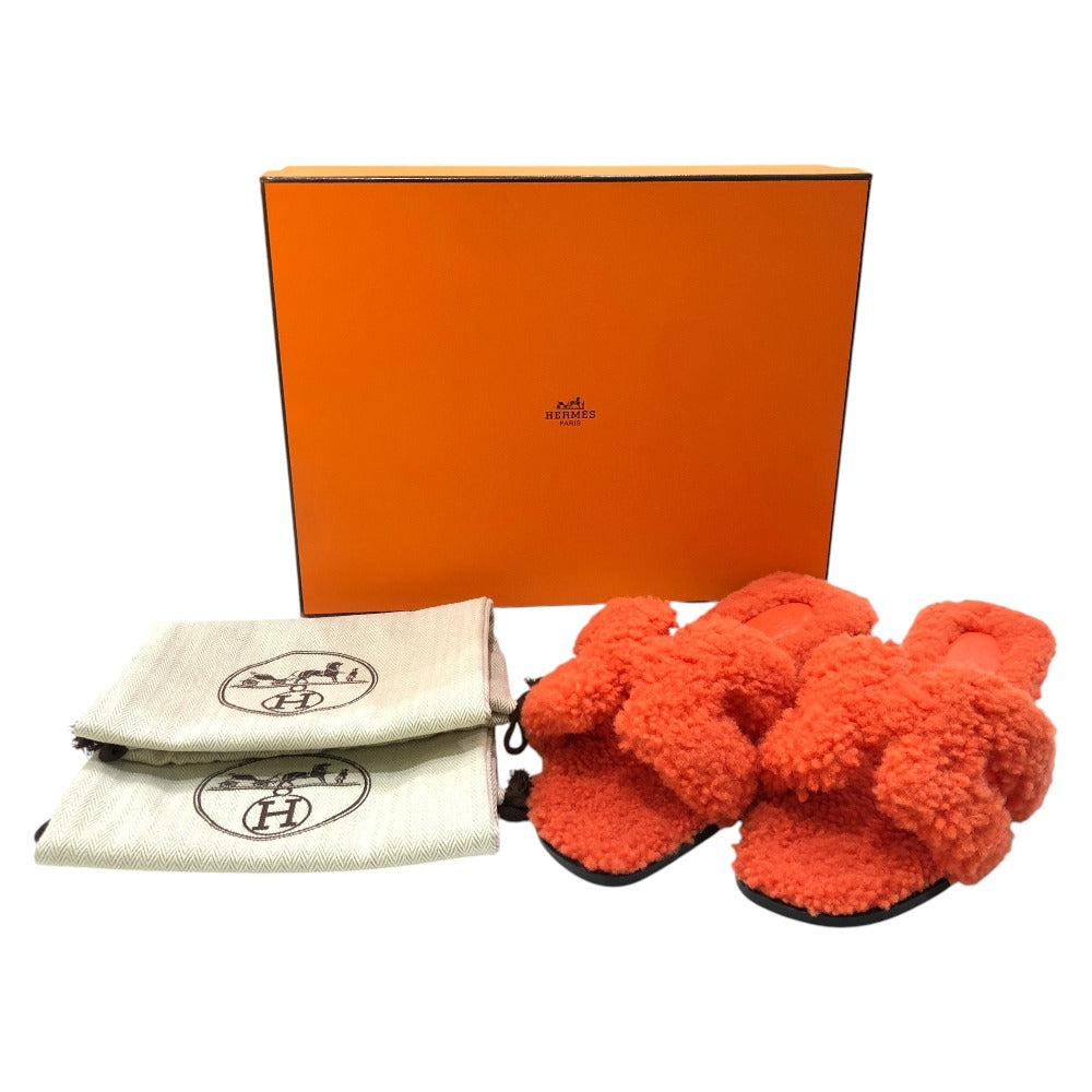 HERMES Oran Shoes, Shearling Fur Flat Sandals, Women's Orange