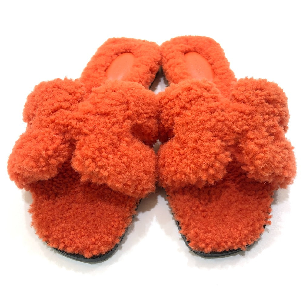 HERMES Oran Shoes, Shearling Fur Flat Sandals, Women's Orange