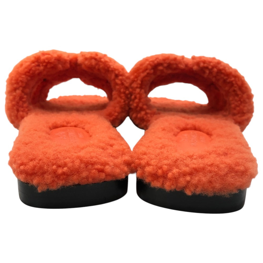 HERMES Oran Shoes, Shearling Fur Flat Sandals, Women's Orange