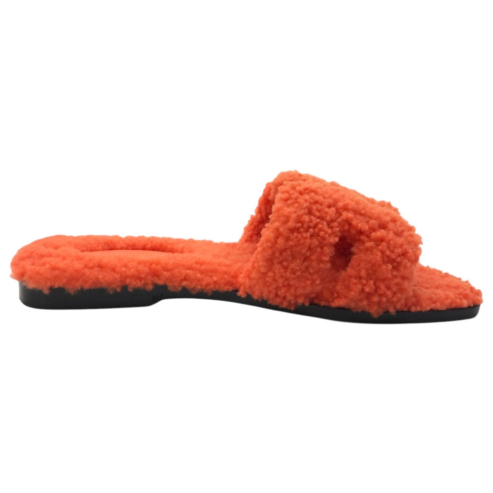 HERMES Oran Shoes, Shearling Fur Flat Sandals, Women's Orange