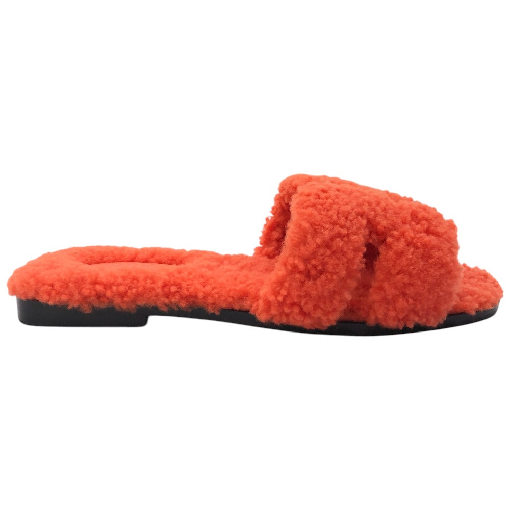 HERMES Oran Shoes, Shearling Fur Flat Sandals, Women's Orange
