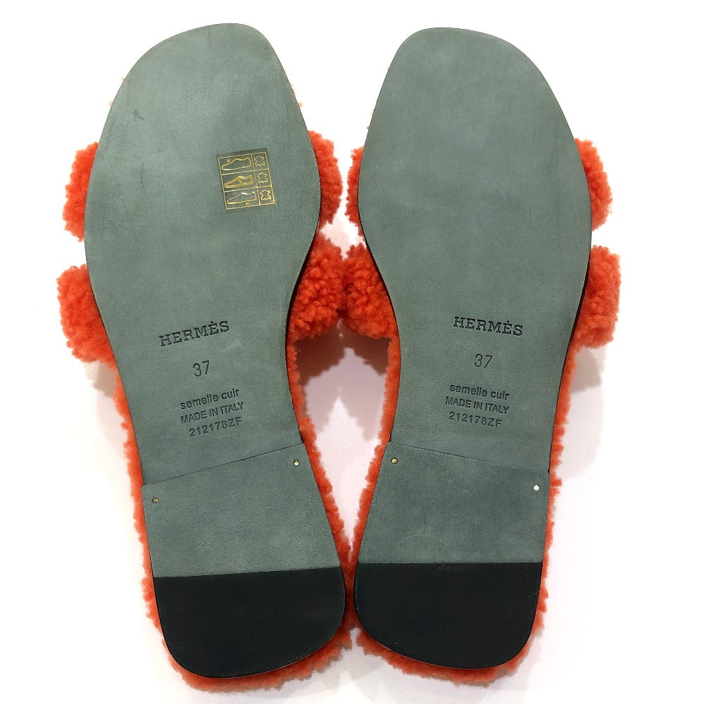 HERMES Oran Shoes, Shearling Fur Flat Sandals, Women's Orange