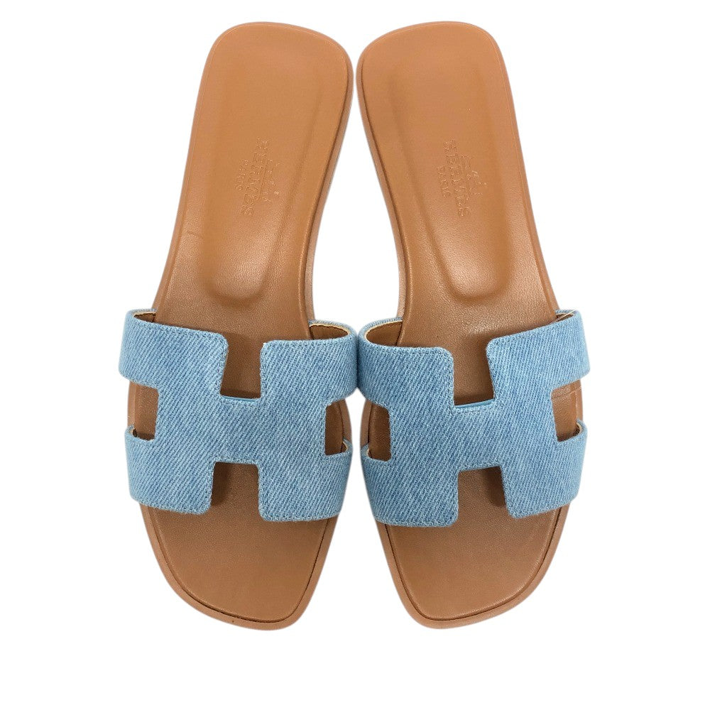 HERMES Oran H logo Shoes Denim Flat Mules Open Toe Sandals Denim / Leather blue 35 Used