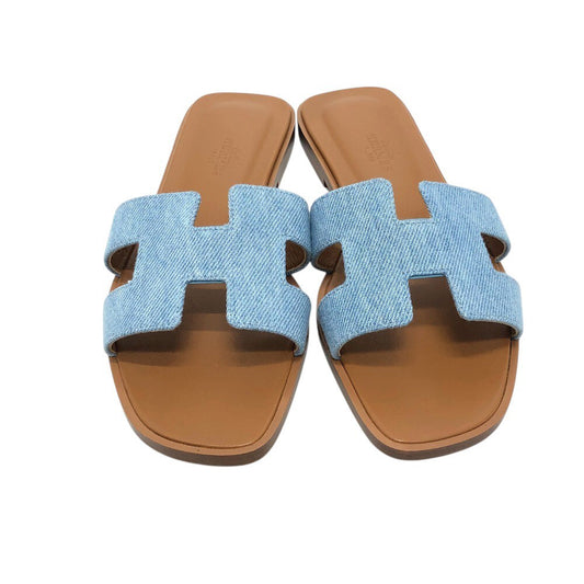 HERMES Oran H logo Shoes Denim Flat Mules Open Toe Sandals Denim / Leather blue 35 Used