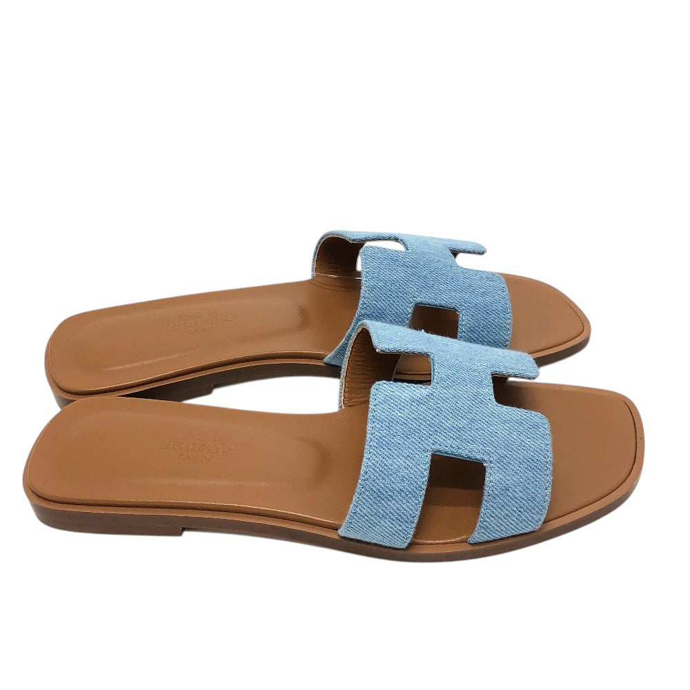 HERMES Oran H logo Shoes Denim Flat Mules Open Toe Sandals Denim / Leather blue 35 Used