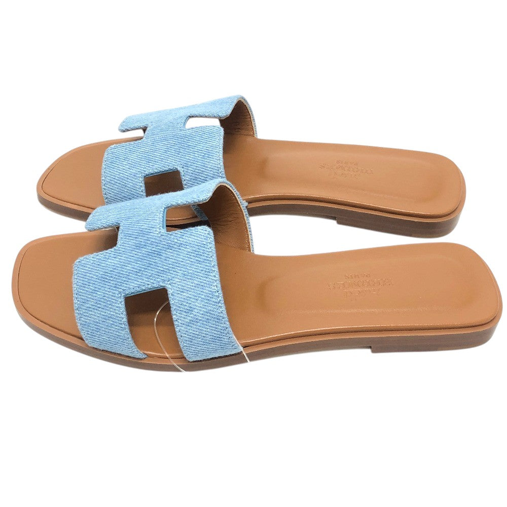 HERMES Oran H logo Shoes Denim Flat Mules Open Toe Sandals Denim / Leather blue 35 Used