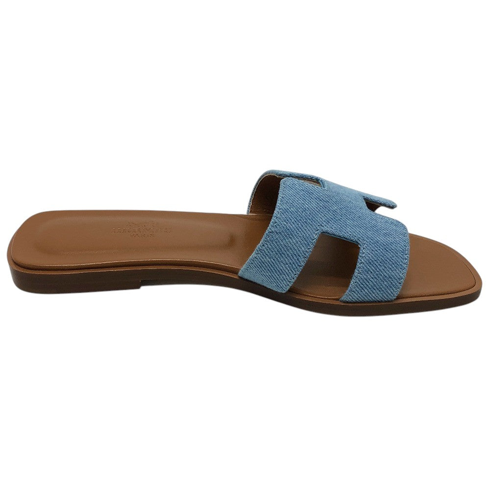 HERMES Oran H logo Shoes Denim Flat Mules Open Toe Sandals Denim / Leather blue 35 Used