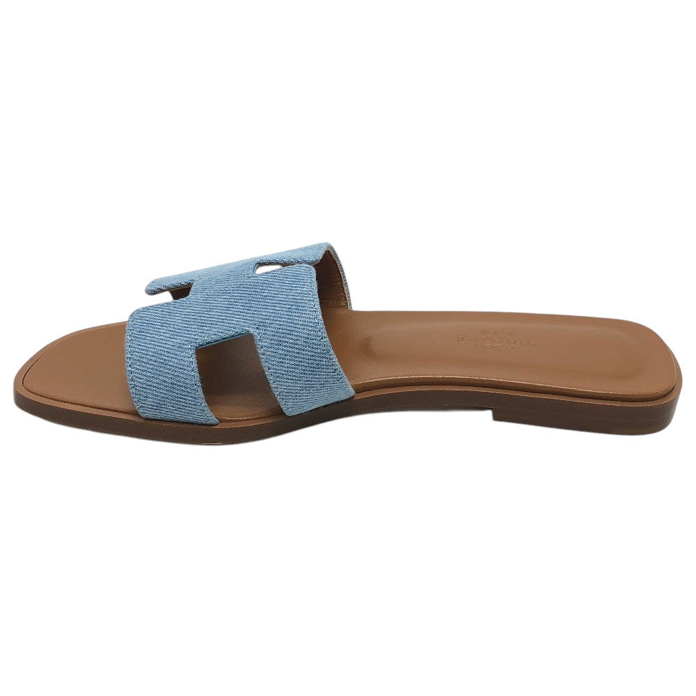 HERMES Oran H logo Shoes Denim Flat Mules Open Toe Sandals Denim / Leather blue 35 Used