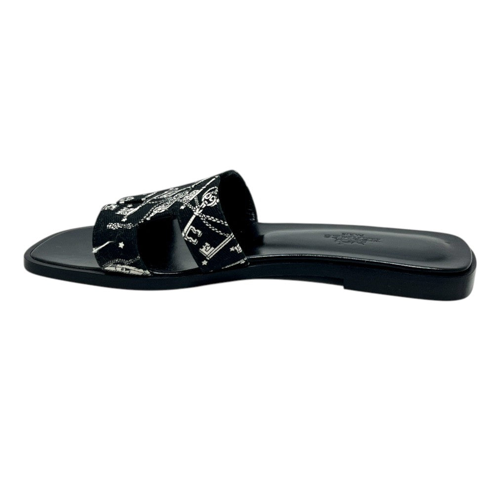 HERMES Oran Flat Barrel Shoes Sandals Leather/Wood Sandals Canvas Black 35 Used