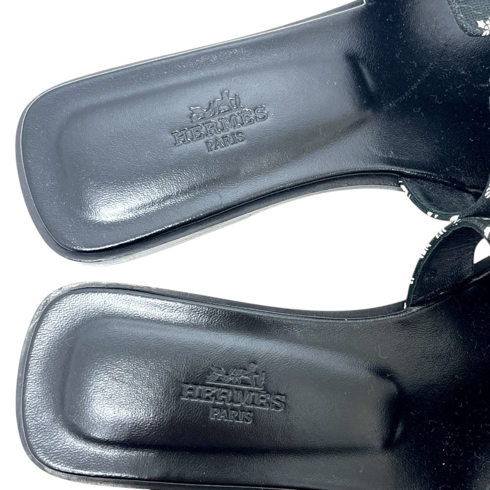 HERMES Oran Flat Barrel Shoes Sandals Leather/Wood Sandals Canvas Black 35 Used
