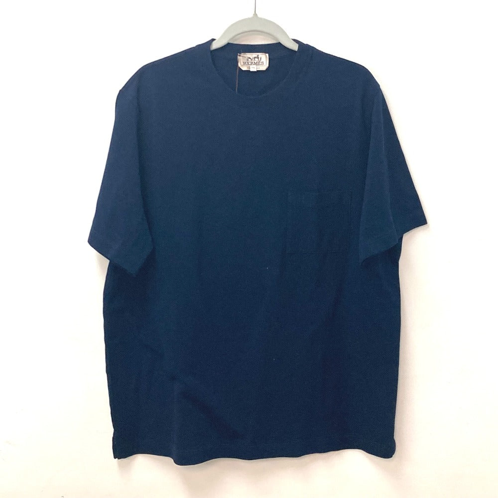 HERMES Men's Navy Short Sleeve T-Shirt with H Embroidery and Pocket, Cotton