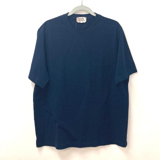 HERMES Men's Navy Short Sleeve T-Shirt with H Embroidery and Pocket, Cotton