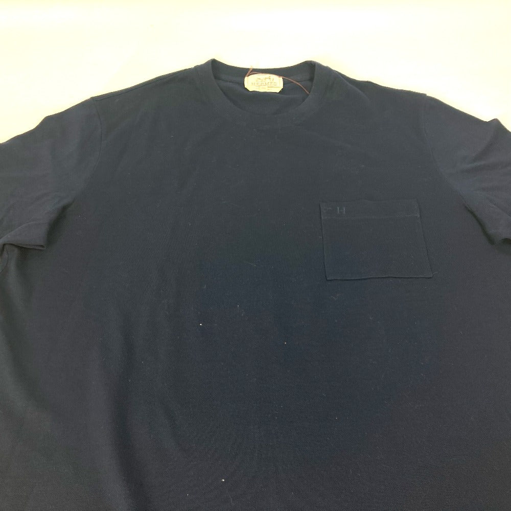 HERMES Men's Navy Short Sleeve T-Shirt with H Embroidery and Pocket, Cotton