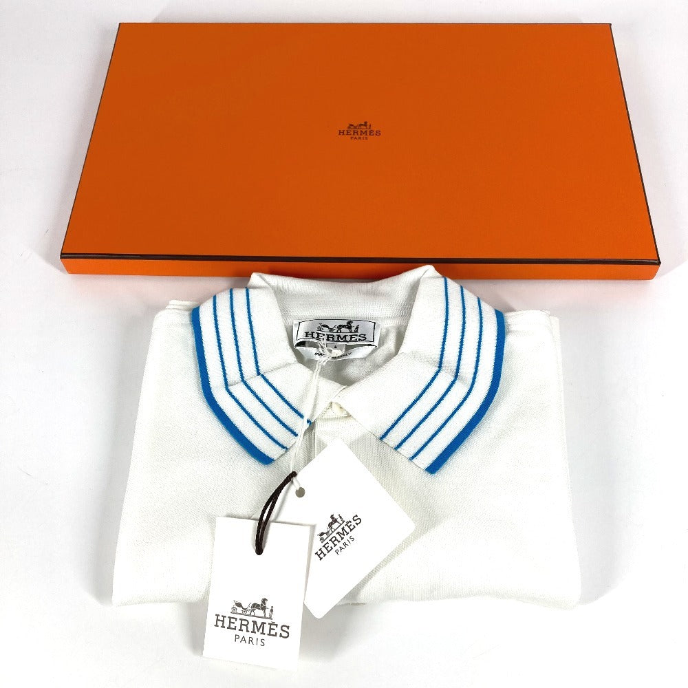 Hermes H Logo Line Line Lengan Pendek Shirt Shirt Collared Polo Shirt Cotton Men's White