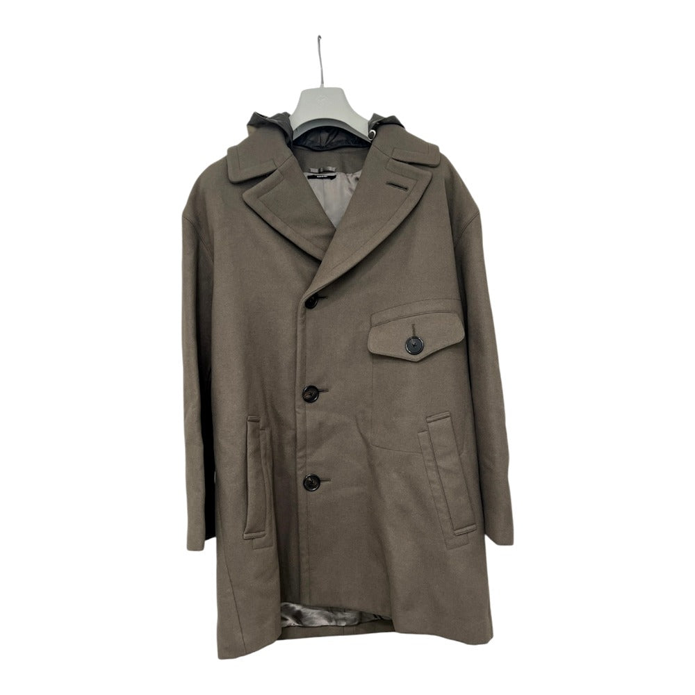 HERMES PT9617 チェスター アパレル 服 ナイロンフード付き アウター ロングコート ウール メンズ グレージュ グレー