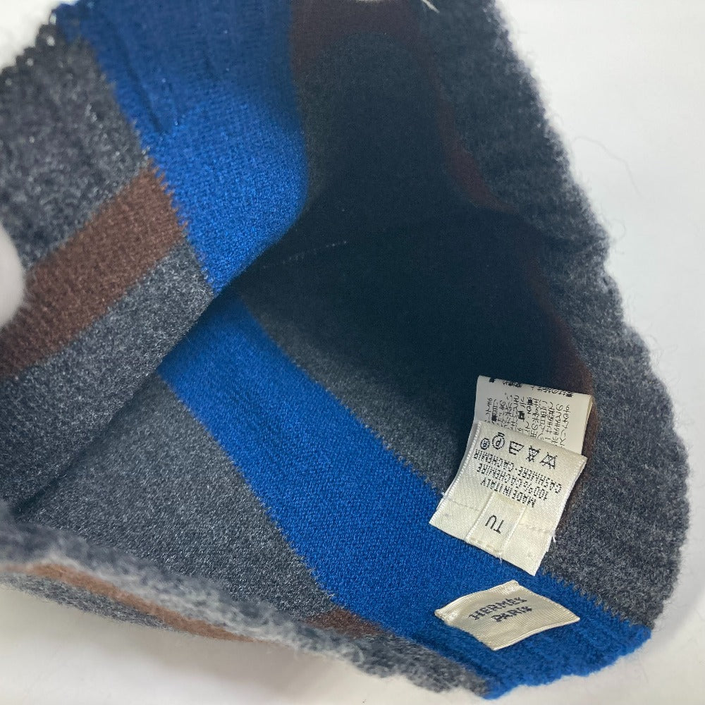 HERMES Apparel Tricolor Hat Beanie Knit Cap Cashmere Unisex Gray