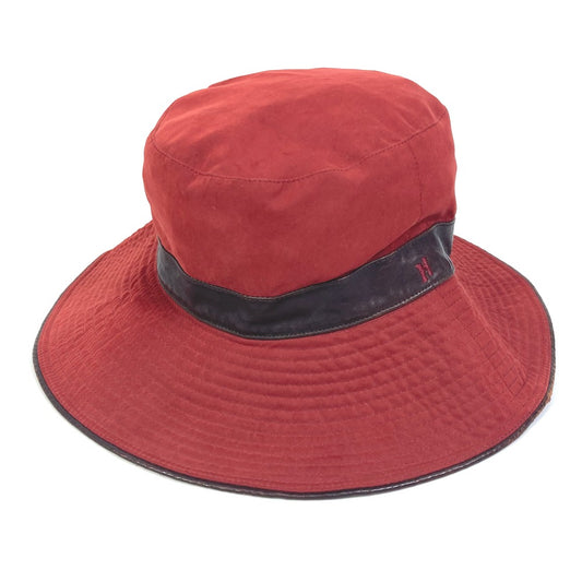 HERMES Bucket Hat with Embroidered H Logo, Wide Brim, Polyester, Women's, Red
