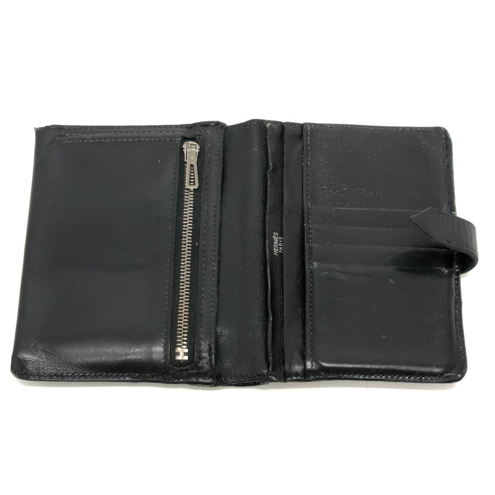 HERMES Bear Compact Wallet Mini Wallet Silver Hardware Bifold Wallet Box Calf Women's Black