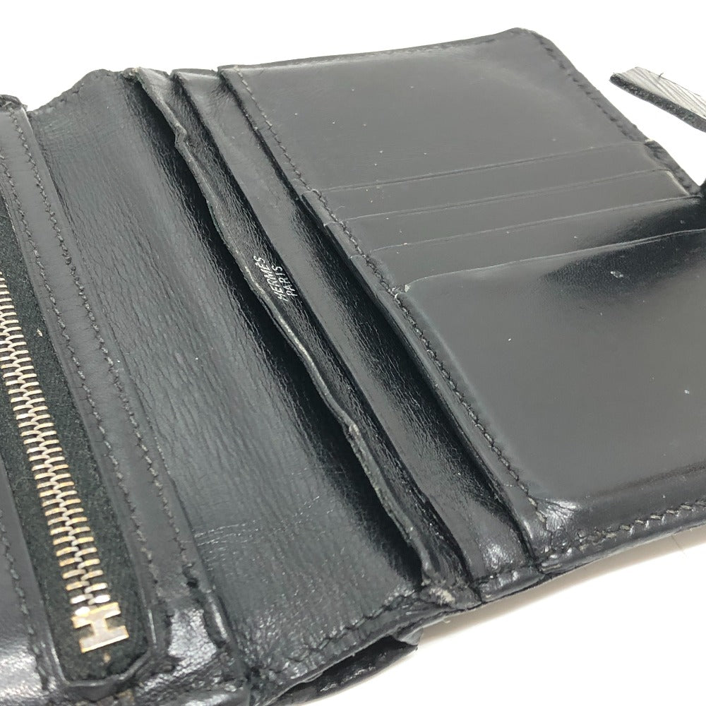 HERMES Bear Compact Wallet Mini Wallet Silver Hardware Bifold Wallet Box Calf Women's Black