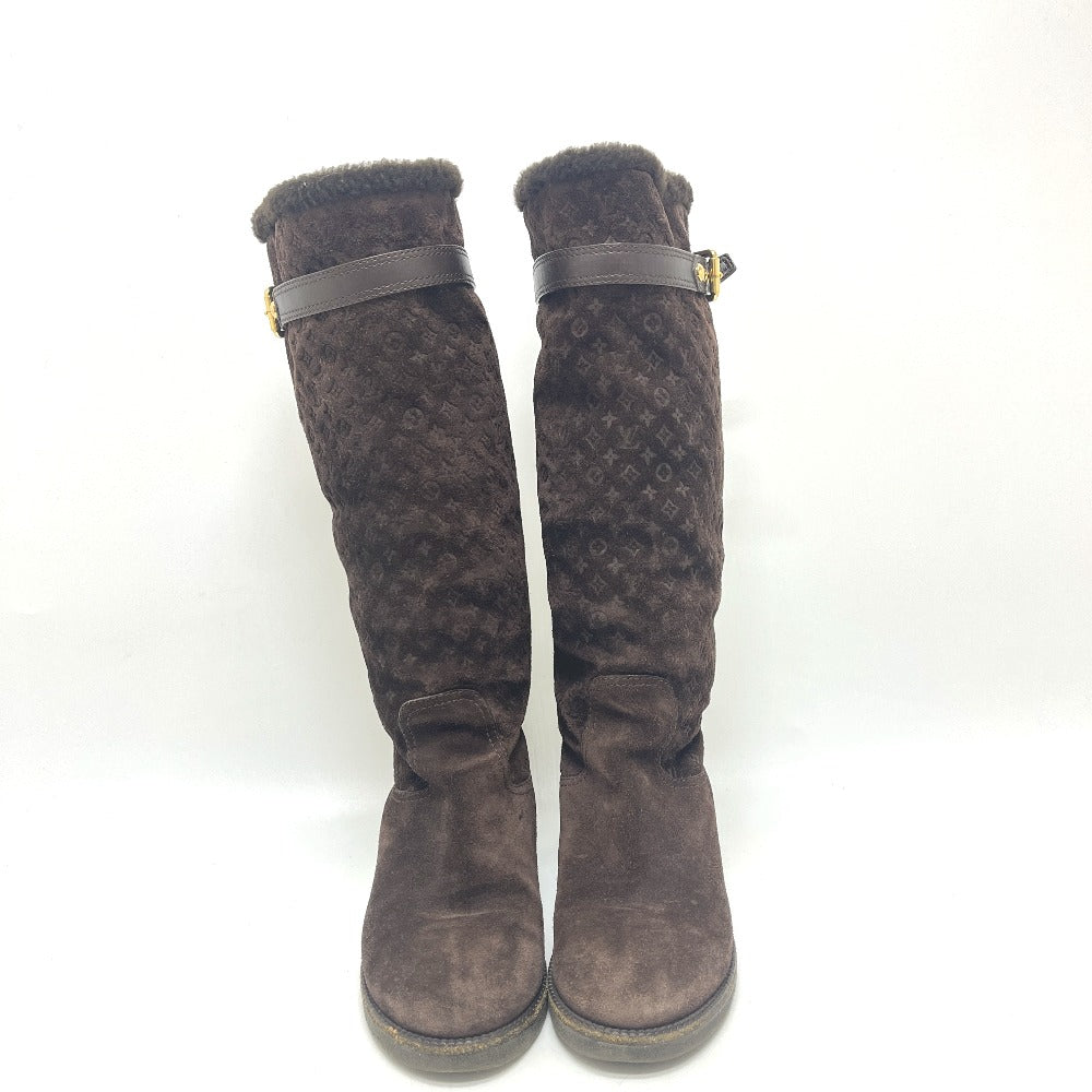 LOUIS VUITTON Monogram Sheepskin long fur shoes for winter warmth. boots suede Brown 37 Used