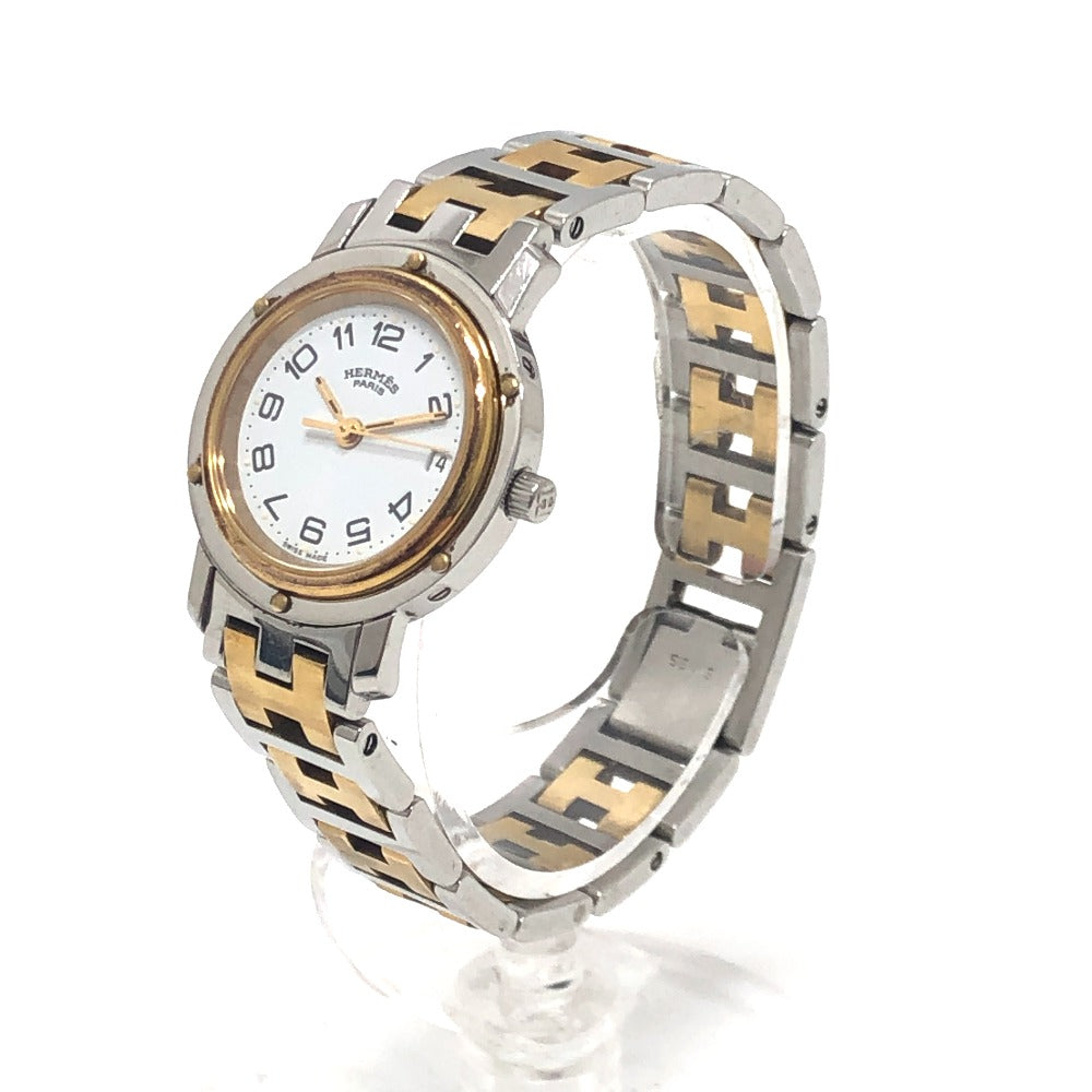 HERMES CL3.240 クリッパー クォーツ デイト ウォッチ ラウンドフェイス コンビ 腕時計 SS レディース シルバー