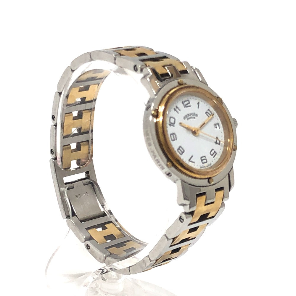 HERMES CL3.240 クリッパー クォーツ デイト ウォッチ ラウンドフェイス コンビ 腕時計 SS レディース シルバー