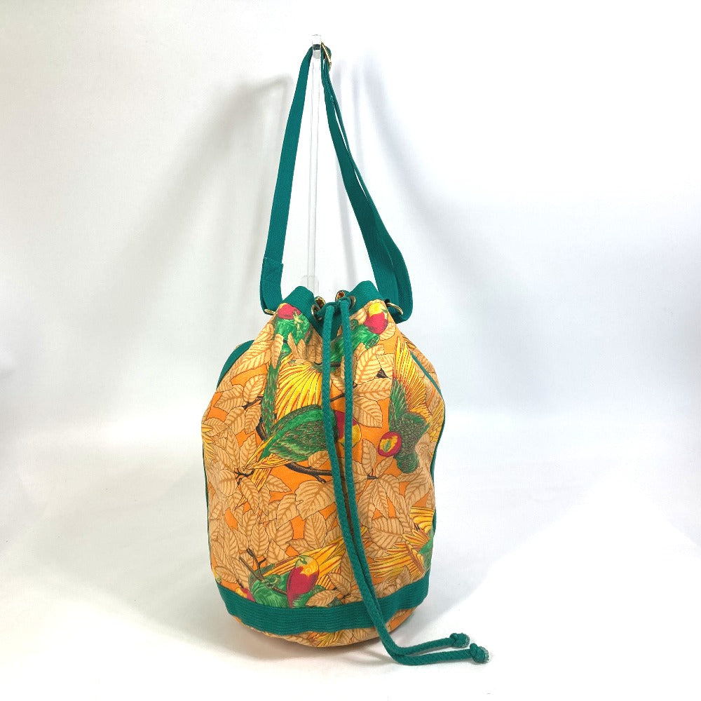 HERMES Vintage Bird Print Drawstring Bag, One-Shoulder Canvas Shoulder Bag, Women's, Green