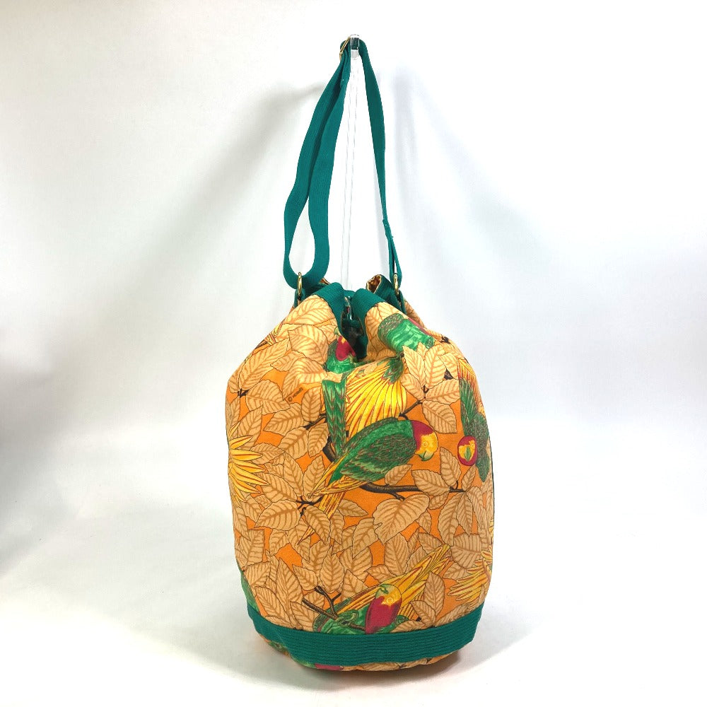 HERMES Vintage Bird Print Drawstring Bag, One-Shoulder Canvas Shoulder Bag, Women's, Green