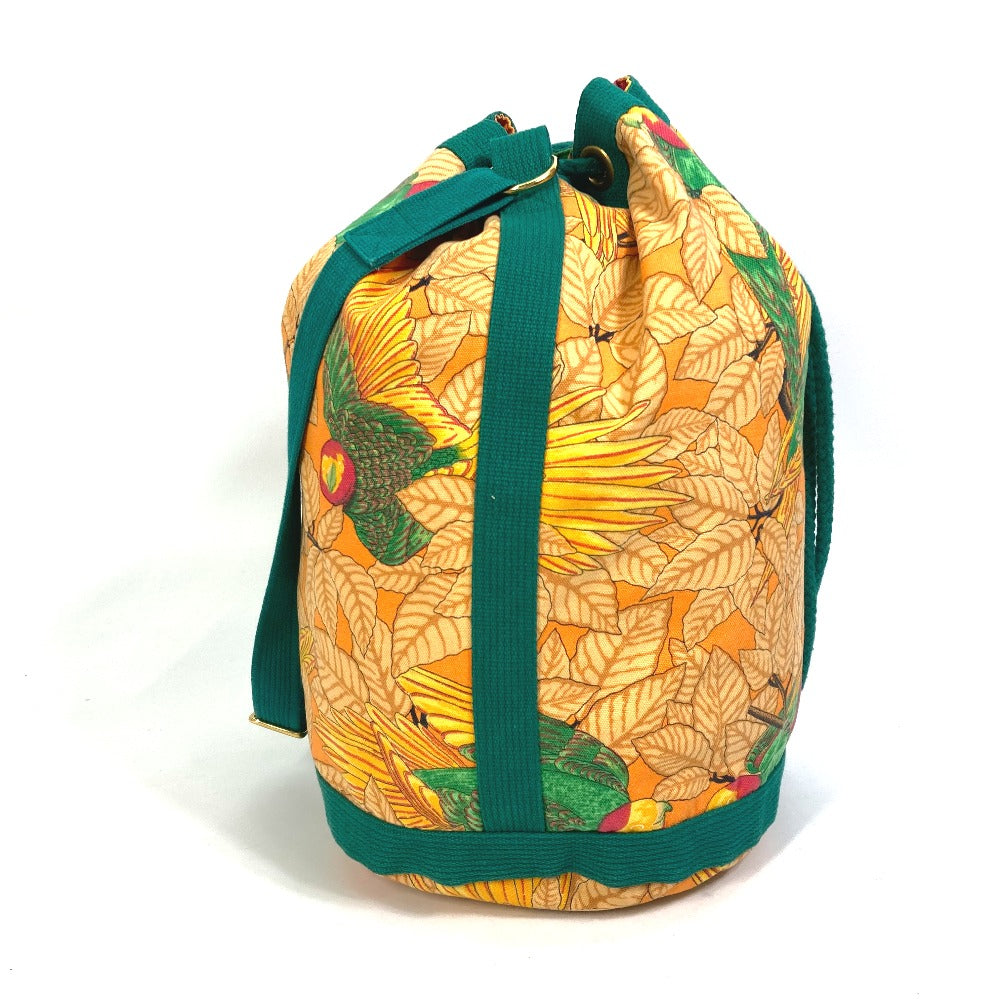 HERMES Vintage Bird Print Drawstring Bag, One-Shoulder Canvas Shoulder Bag, Women's, Green