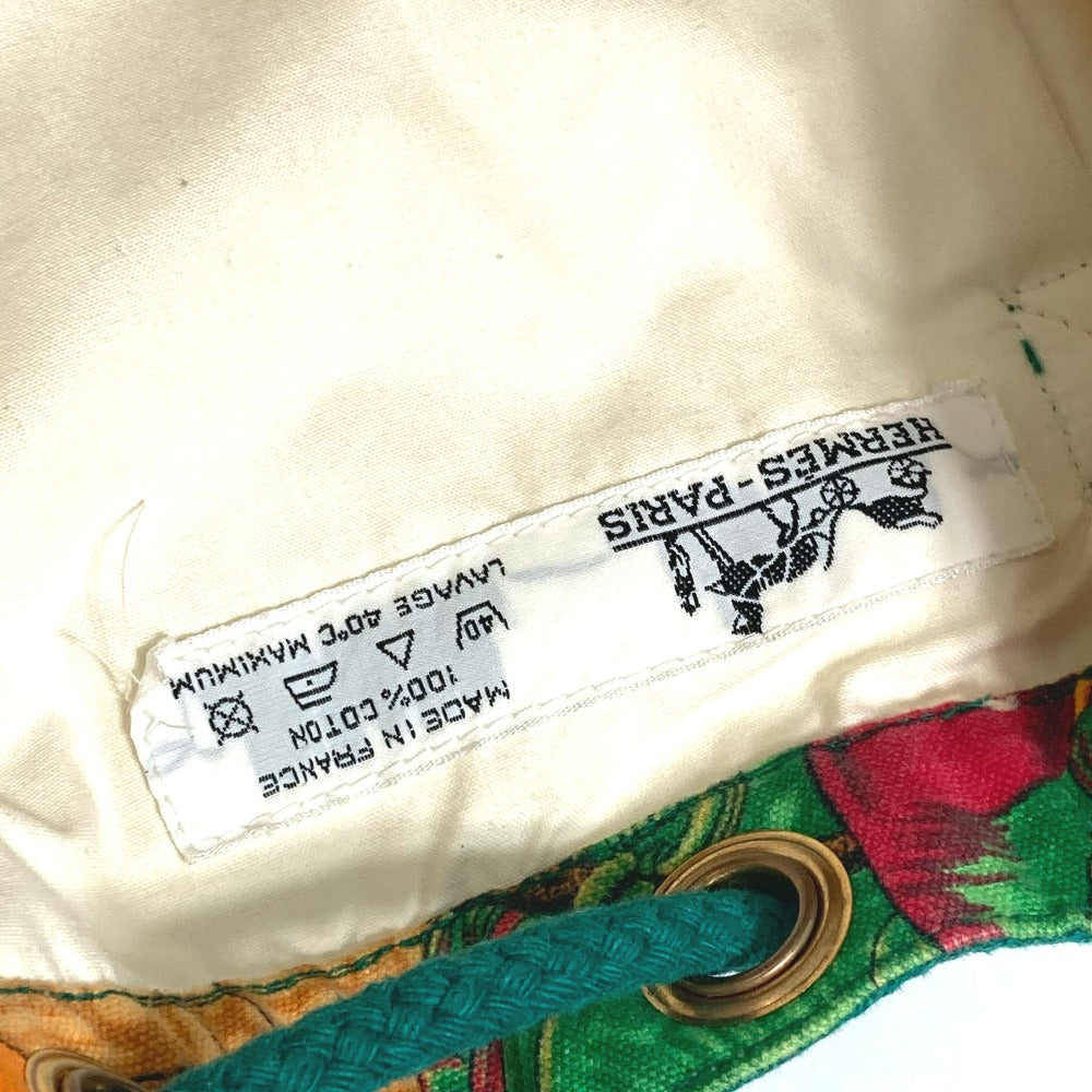 HERMES Vintage Bird Print Drawstring Bag, One-Shoulder Canvas Shoulder Bag, Women's, Green