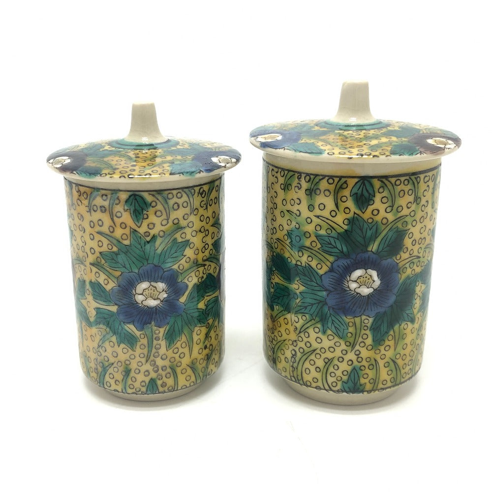no brand 九谷焼洋山窯 青手 角福印 蓋付 夫婦湯呑 食器 コップ マグカップ 陶器 ユニセックス イエロー