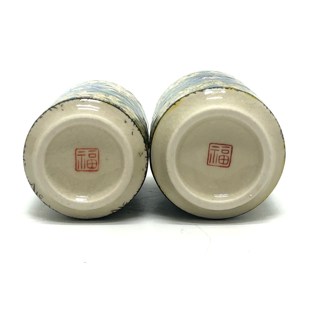 no brand 九谷焼洋山窯 青手 角福印 蓋付 夫婦湯呑 食器 コップ マグカップ 陶器 ユニセックス イエロー