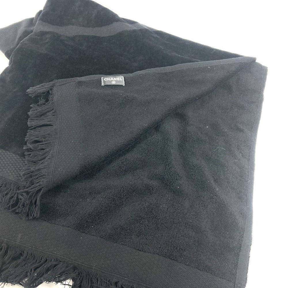 CHANEL バスタオル インテリア ひざかけ ブランケット CC ココマーク ビッグ ビーチタオル フリンジ タオル コットン レディース ブラック - brandshop-reference