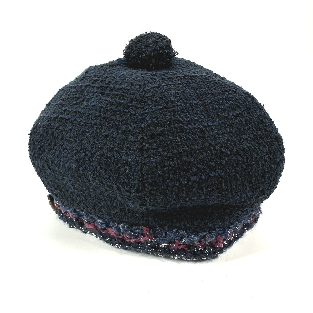 CHANEL ラメ ロゴ ポンポン付き CC ココマーク ツイード ビーニー 帽子 ニット帽 ニットキャップ ニット帽 コットン レディース ネイビー - brandshop-reference