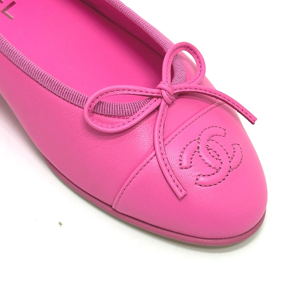 CHANEL G02819 CC ココマーク ロゴ リボン りぼん バレリーナ フラットシューズ バレエシューズ 靴 ペタンコ パンプス レザー レディース ピンク