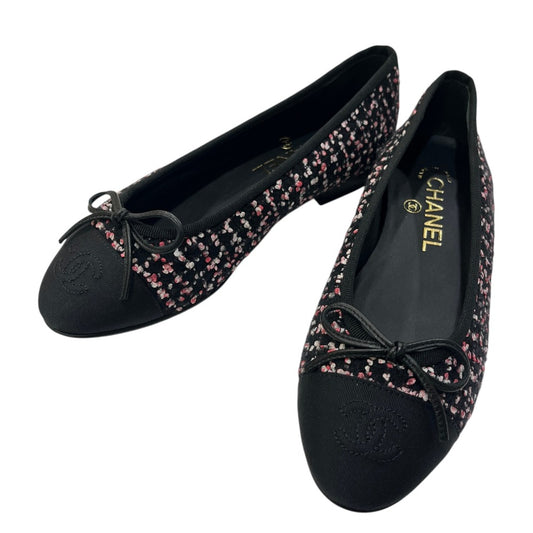 CHANEL CC Mark logo Ribbon Ballerina Shoes, flat shoes, ballet shoes pumps tweed Black/pink Used