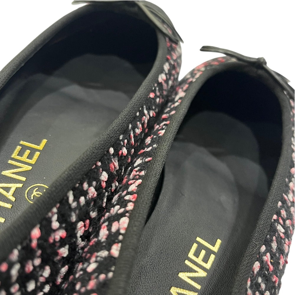 CHANEL CC Mark logo Ribbon Ballerina Shoes, flat shoes, ballet shoes pumps tweed Black/pink Used