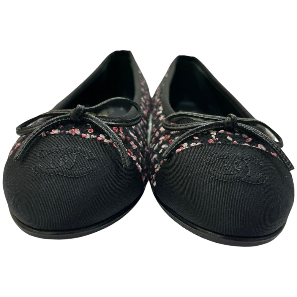 CHANEL CC Mark logo Ribbon Ballerina Shoes, flat shoes, ballet shoes pumps tweed Black/pink Used