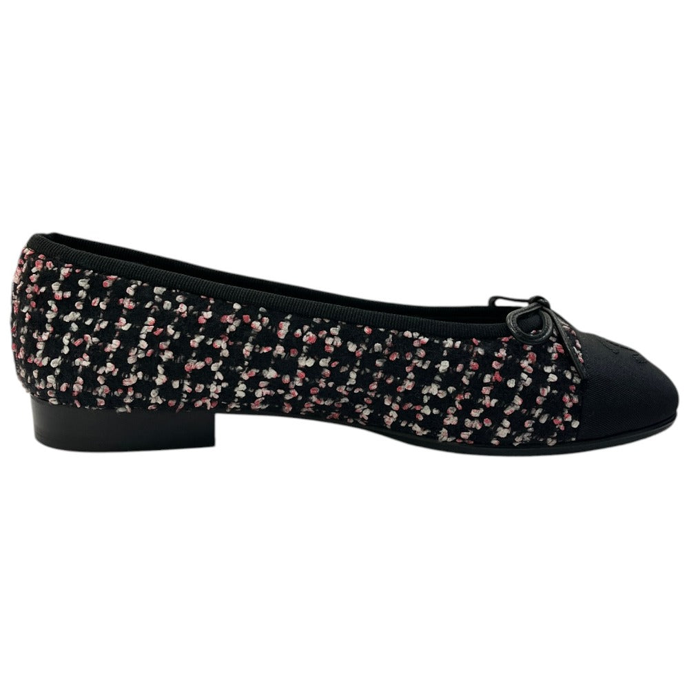 CHANEL CC Mark logo Ribbon Ballerina Shoes, flat shoes, ballet shoes pumps tweed Black/pink Used