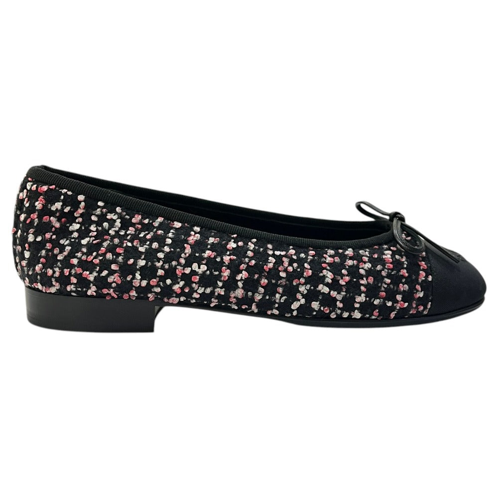 CHANEL CC Mark logo Ribbon Ballerina Shoes, flat shoes, ballet shoes pumps tweed Black/pink Used
